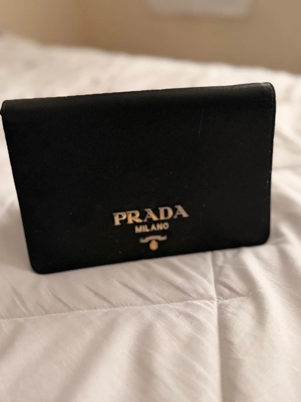 Prada Black Saffiano Leather Wallet with Gold Logo